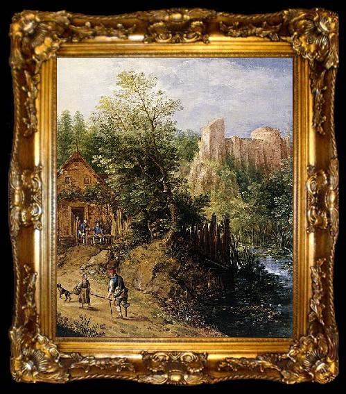 framed  Pieter van Gunst Mountain Valley with Inn and Castle, ta009-2